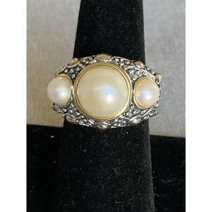 Signed PK 925 Sterling Silver & 14k Gold Mabe Pearl Ring Size 7 Vintage